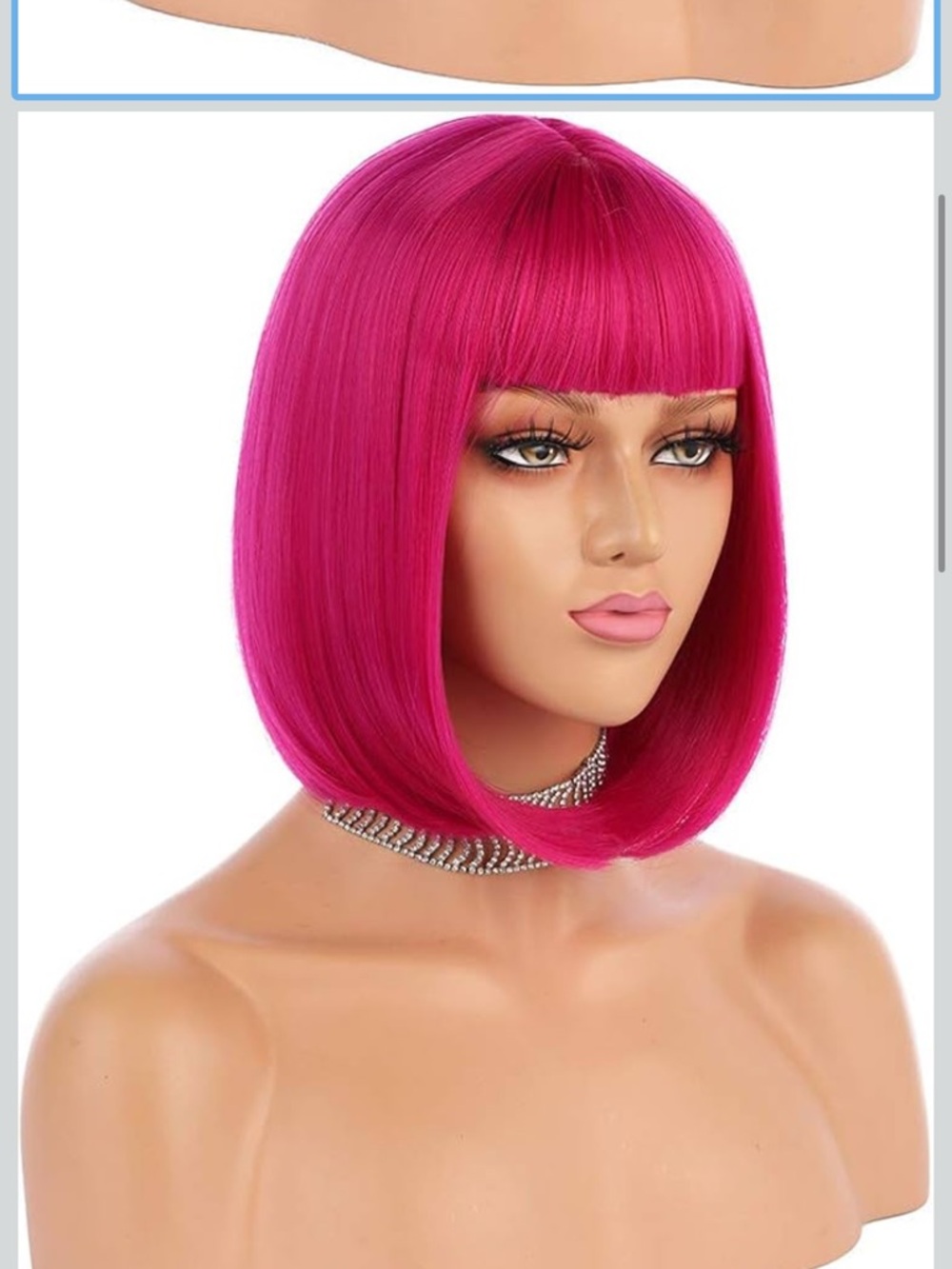 Short Bob Hair Wigs 12" Straight with Flat Bangs Synthetic Hot Pink - Picture 2 of 8